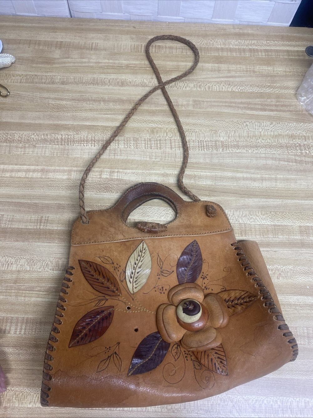 Hand Tooled Leather Purse Tan Floral Handmade 11”x 10.5” Shoulder Bag